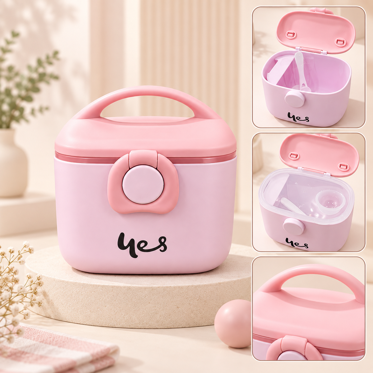 Pink portable milk powder container with top carry handle, round front clasp and inset views showing the hinged lid and clear inner cover.
