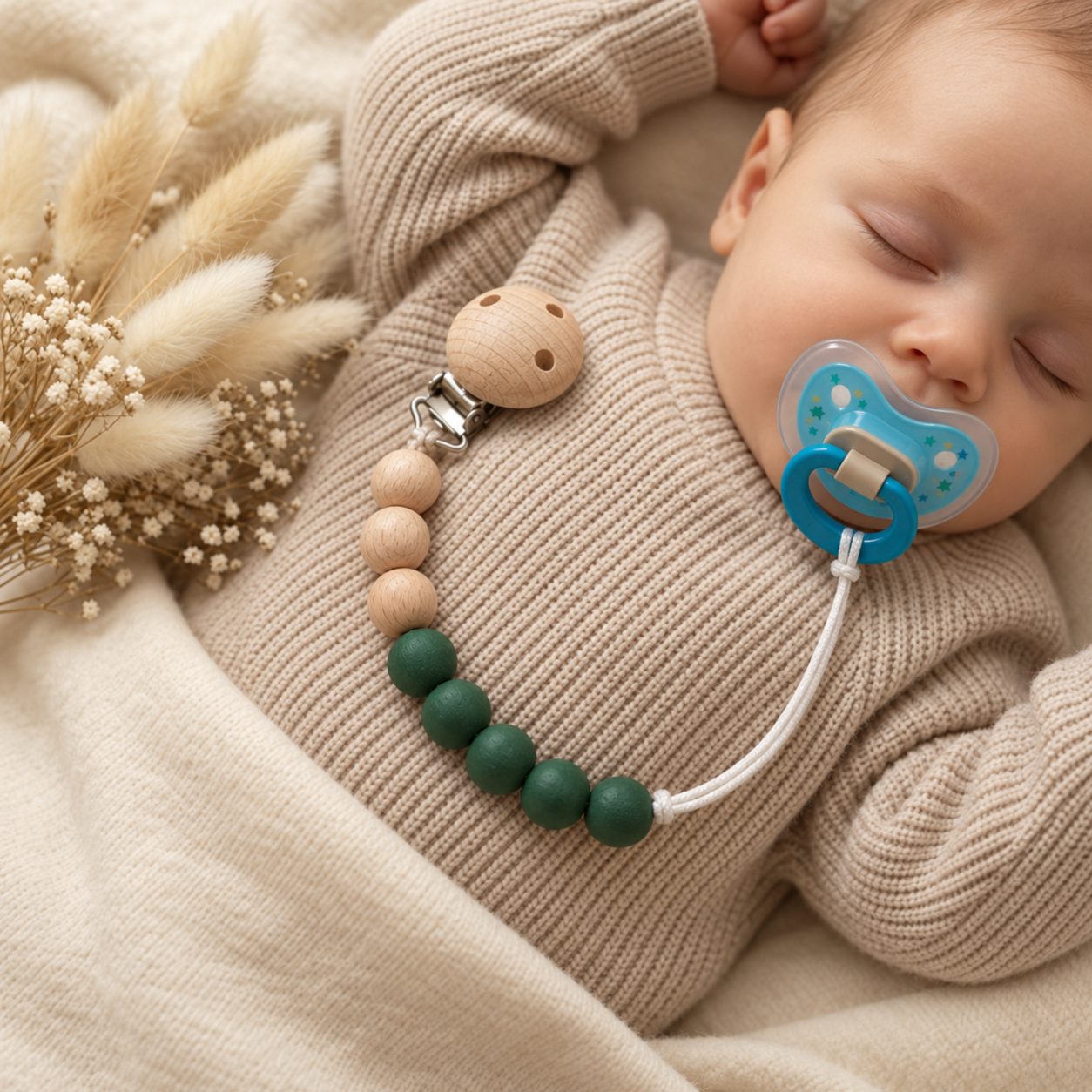 Blue printed pacifier with a dark green and wooden-look beaded chain, shown clipped to a sleeping baby’s beige knitted outfit.
