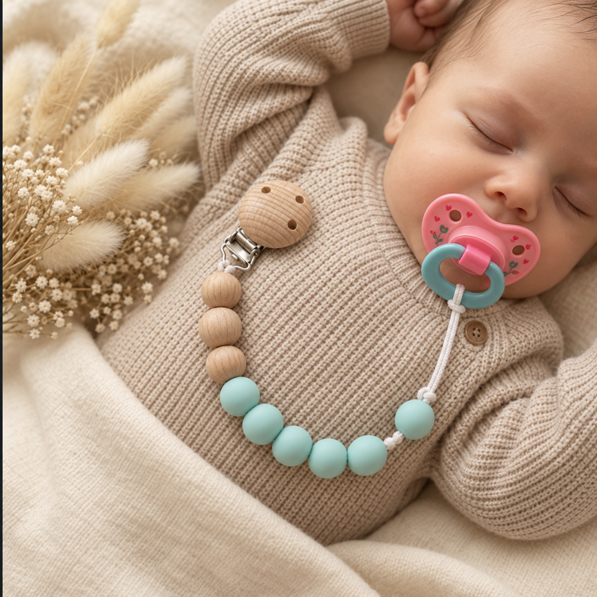 Pink printed pacifier with a mint green and wooden-look beaded chain, shown clipped to a sleeping baby’s beige knitted outfit.