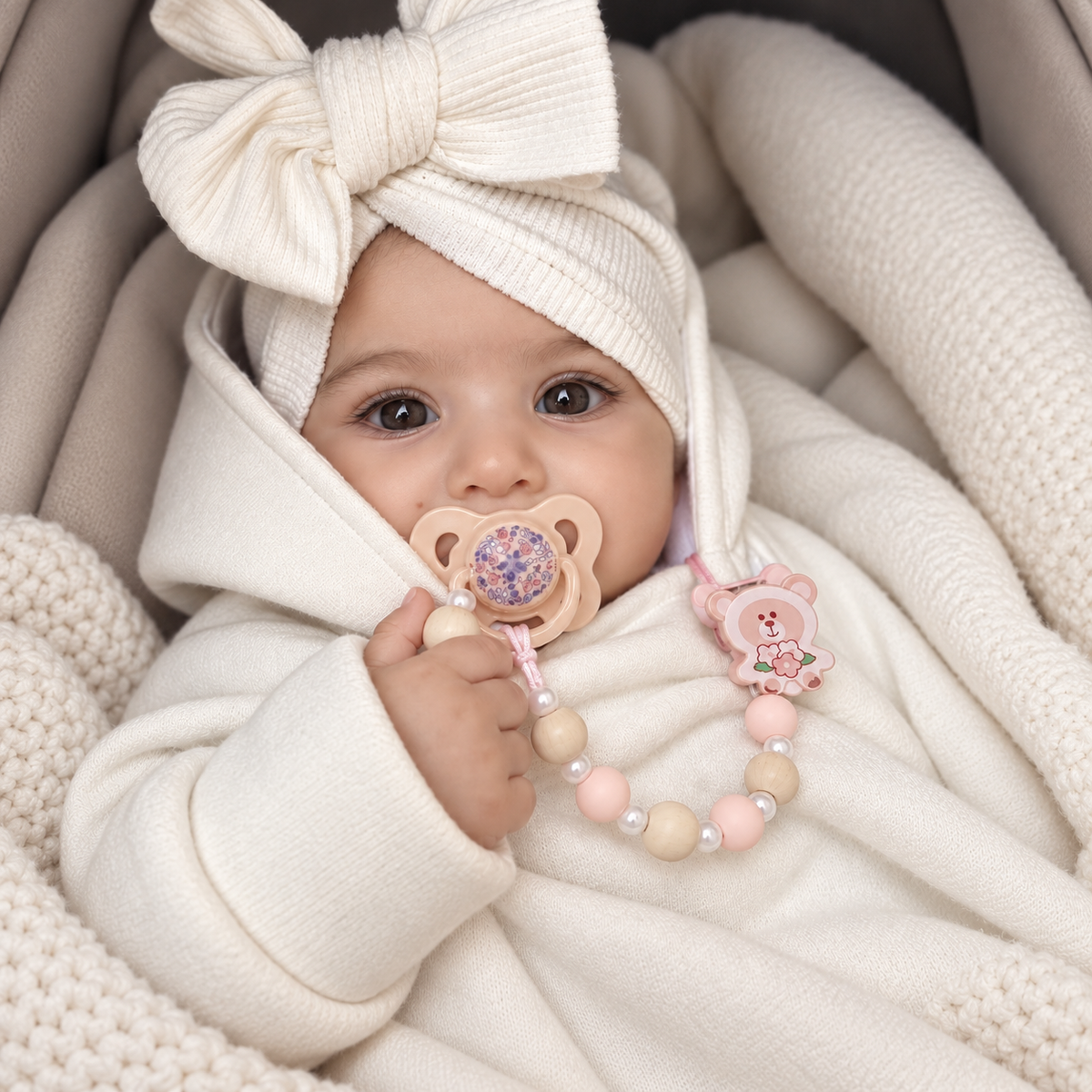 Pink bear-ear floral pacifier with pink, cream and white bead chain and pink bear flower clip, shown with a baby in a cream wrap.