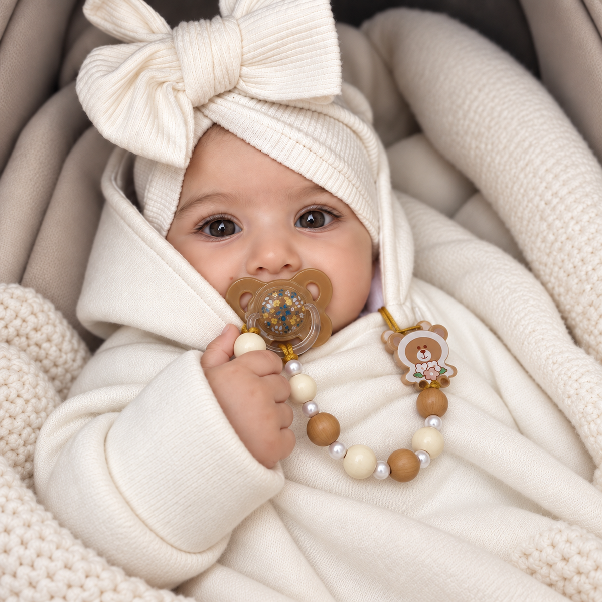 Brown bear-ear floral pacifier with brown, cream and white bead chain and bear flower clip, shown with a baby in a cream wrap.