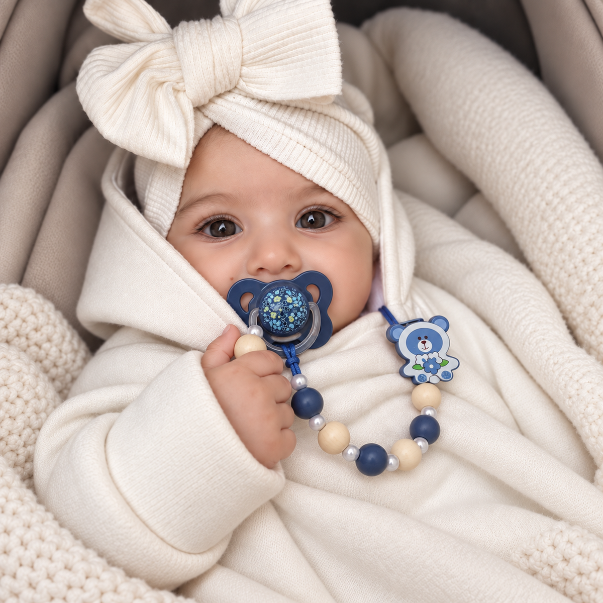 Blue bear-ear floral pacifier with navy, cream and white bead chain and blue bear flower clip, shown with a baby in a cream wrap.