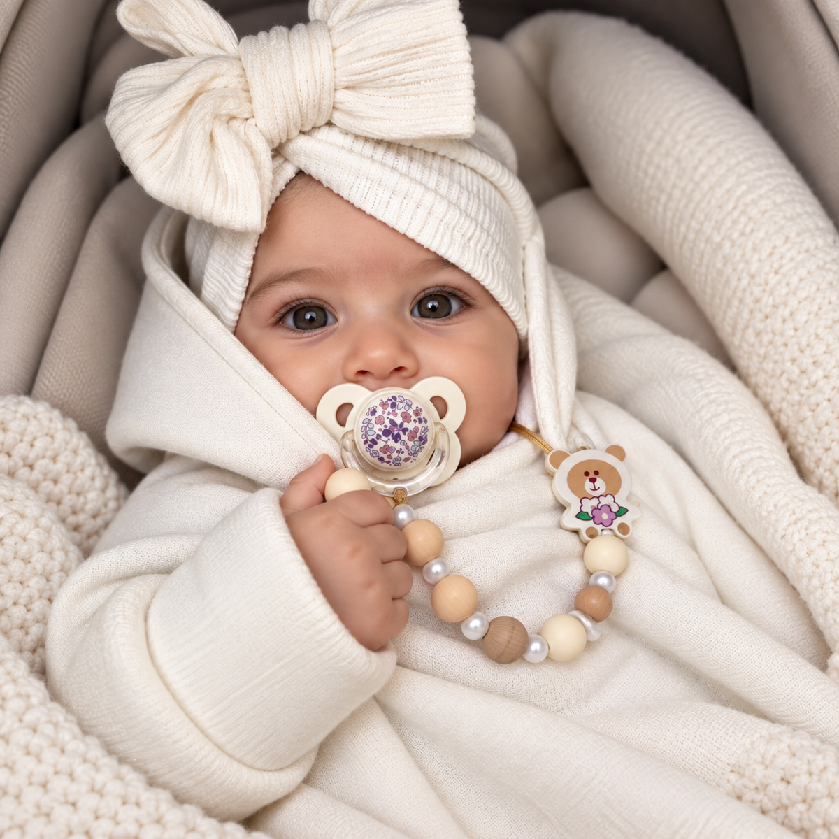 Cream bear-ear floral pacifier with neutral cream and white bead chain and bear flower clip, shown with a baby in a cream wrap.