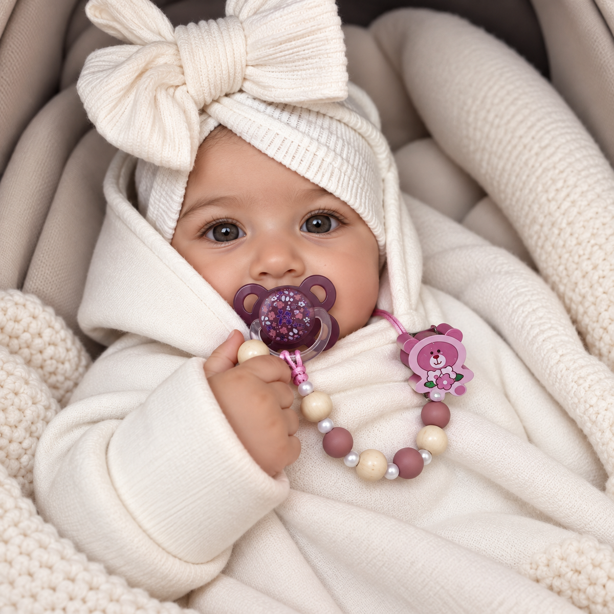 Purple bear-ear floral pacifier with mauve, cream and white bead chain and pink bear flower clip, shown with a baby in a cream wrap.