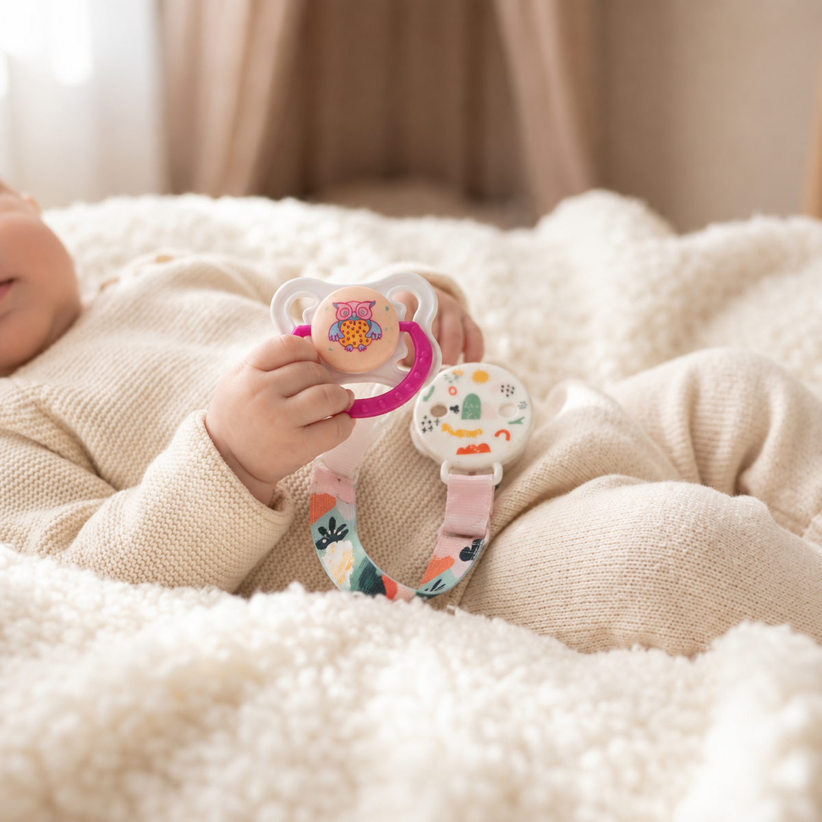 Baby holding a pink owl printed pacifier with a colourful rainbow-print clip strap on a cream textured blanket.