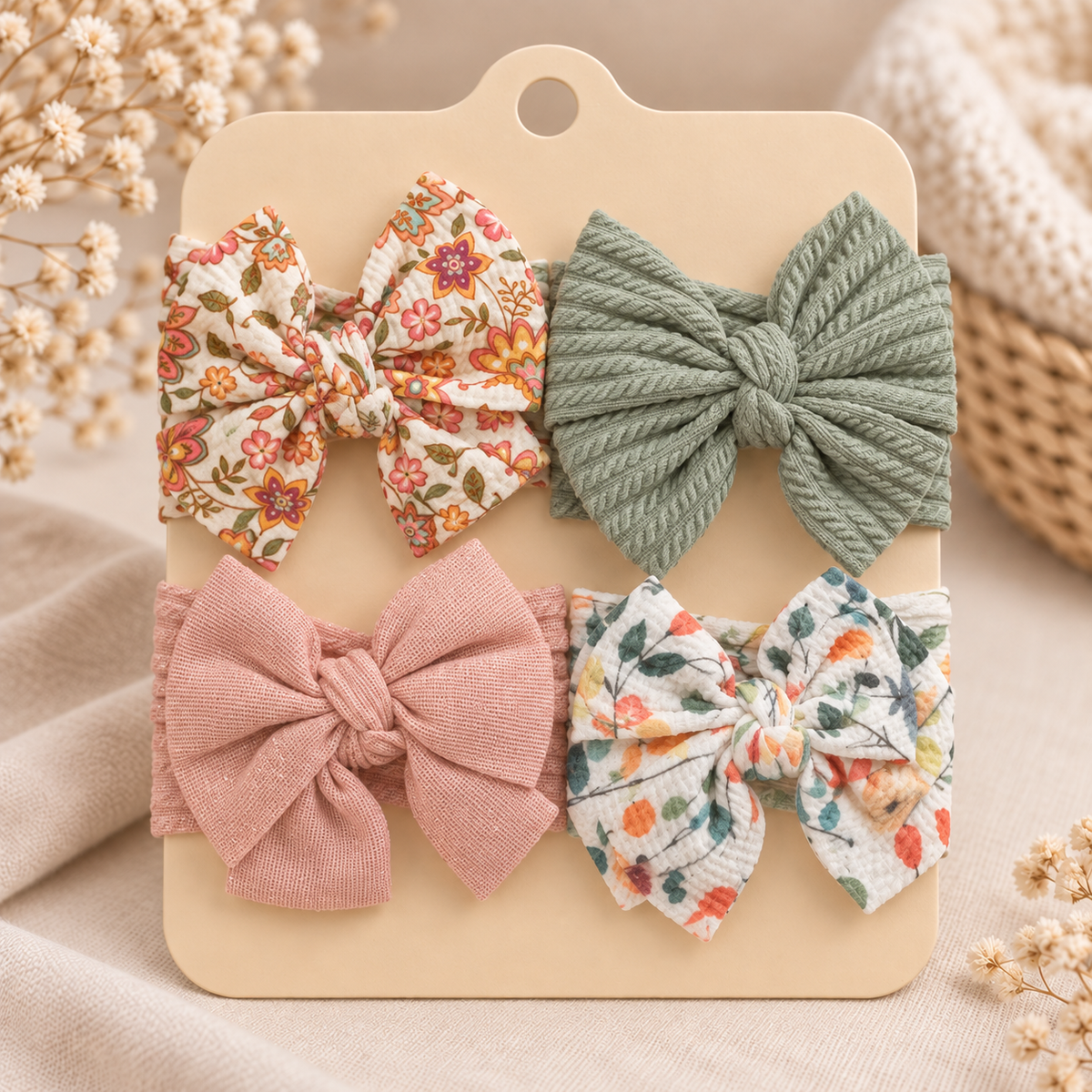 Pack of four bow headbands featuring warm floral print, sage green ribbed, dusty pink and botanical floral bows.