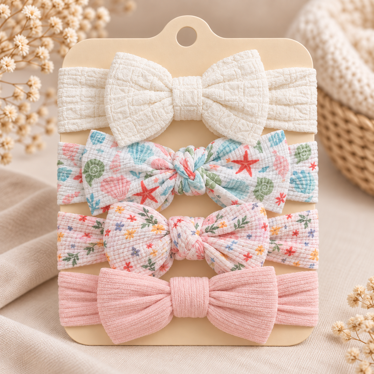 Pack of four bow headbands with white textured, sea-shell print, tiny floral print and pale pink bow styles.