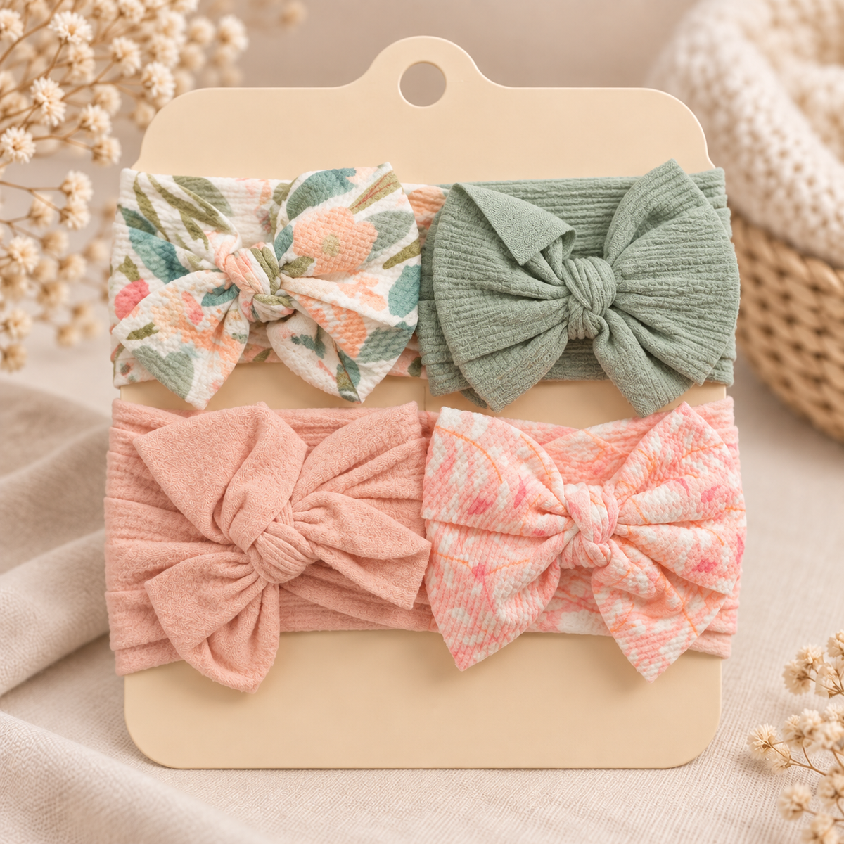 Pack of four bow headbands with leafy peach print, muted mint green, peach and pink abstract printed bows.