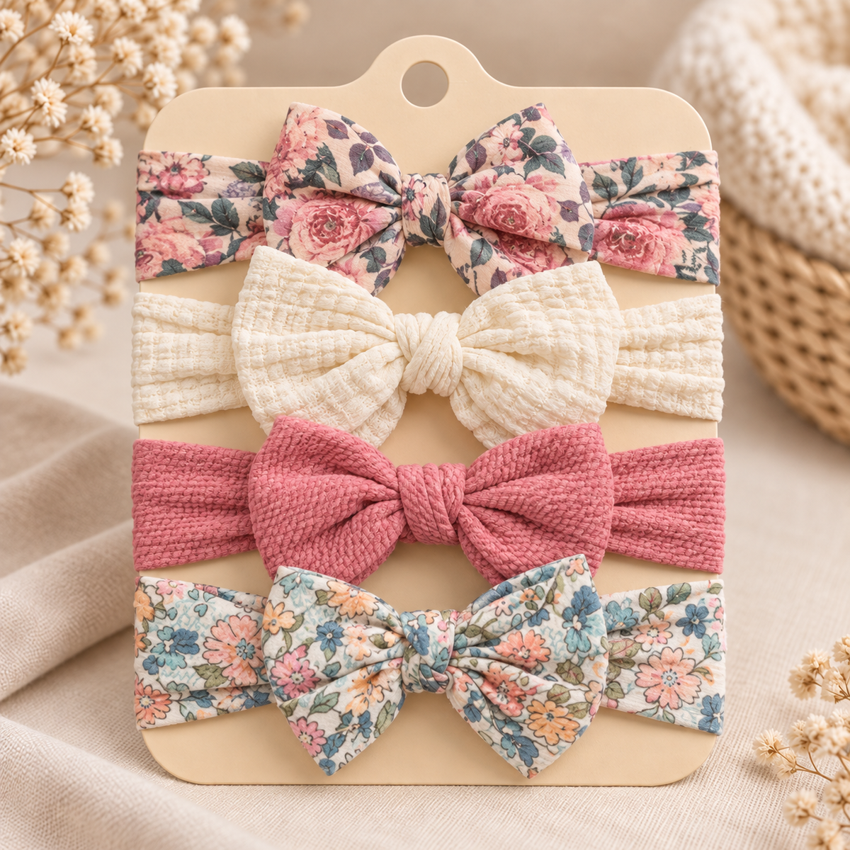 Pack of four bow headbands showing pink rose floral, cream textured, dark pink textured and pastel floral designs.
