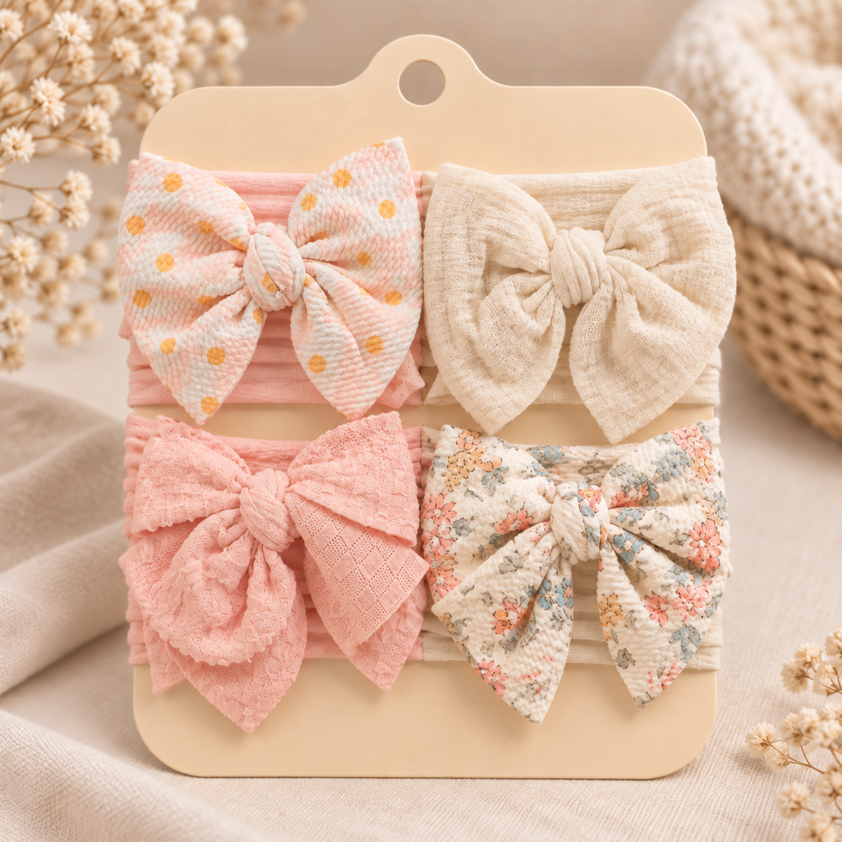Pack of four bow headbands featuring peach polka dots, cream, textured peach and delicate floral bow designs.