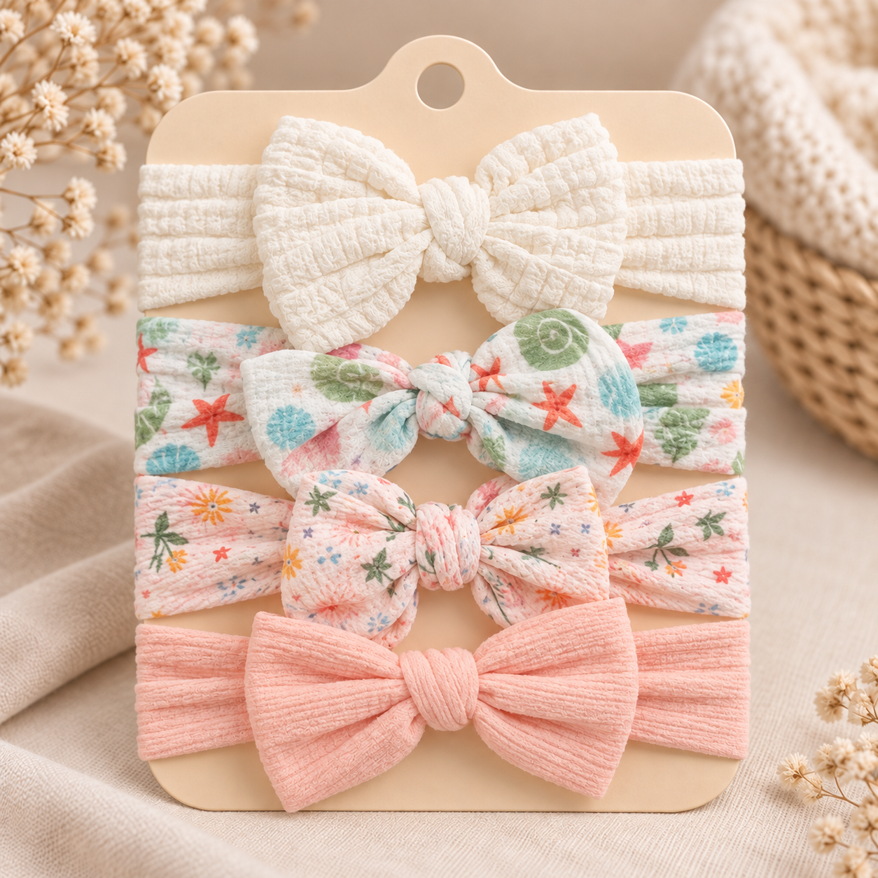 Pack of four bow headbands with a white textured bow, colourful sea-themed prints and a plain peach bow.