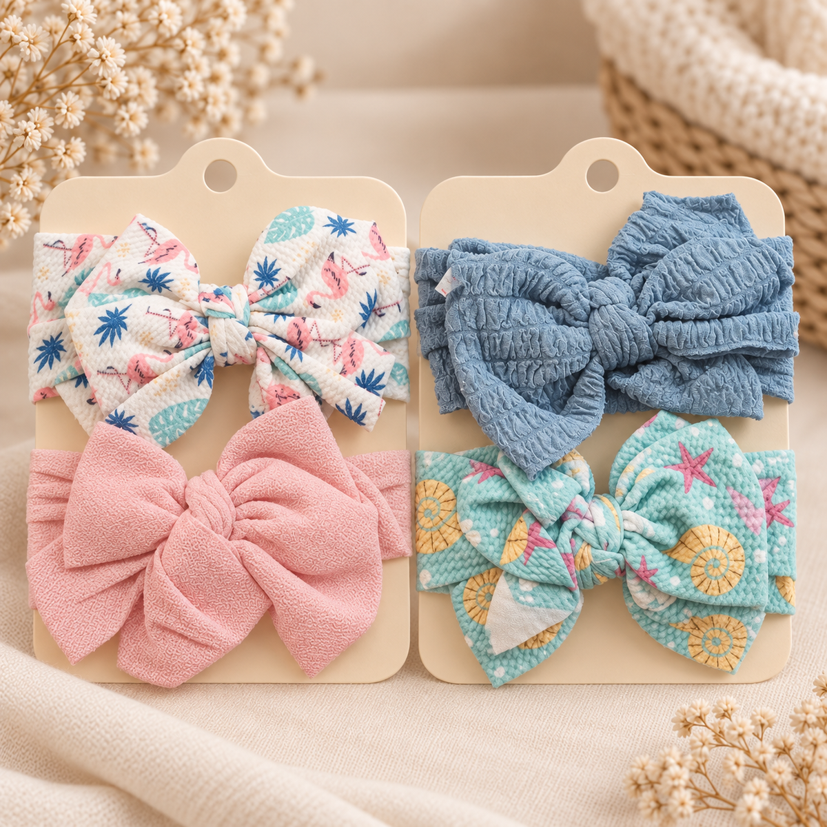 Two carded packs of four bow headbands showing pink flamingo print, peach, light blue and turquoise sea-shell designs.