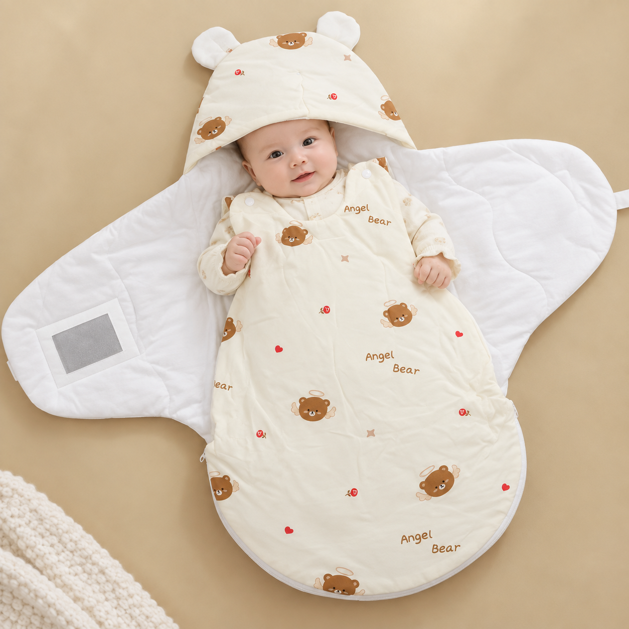 Cream quilted newborn carry nest opened flat around a baby, featuring a Brown Angel Bear print, rounded ear hood and wide White wrap wings.