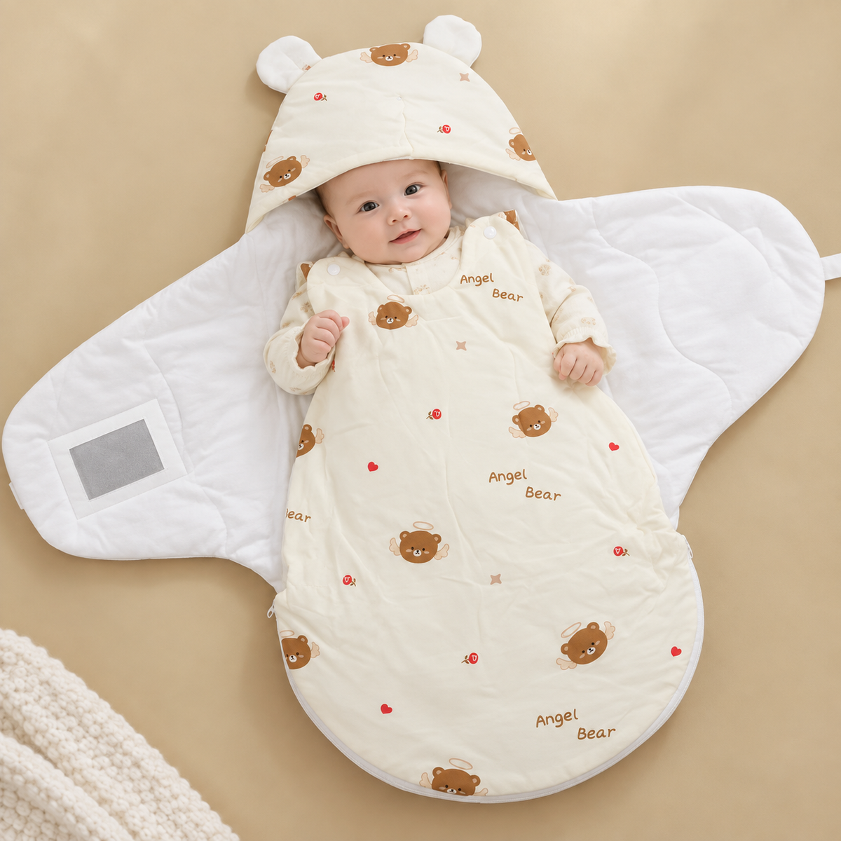 Cream quilted newborn carry nest opened flat around a baby, featuring a Brown Angel Bear print, rounded ear hood and wide White wrap wings.
