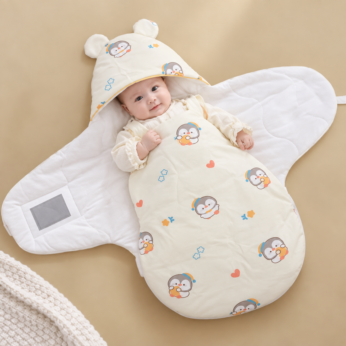 Cream quilted newborn carry nest shown open with a baby inside, featuring playful penguin print, ear-detail hood and rounded cocoon base.