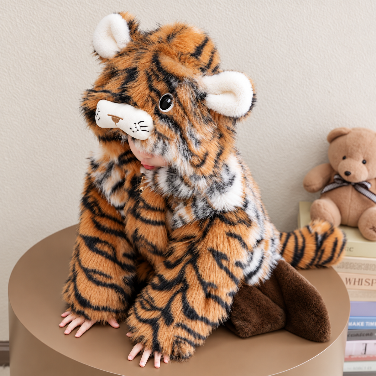 Child wearing the orange, black and white fluffy tiger hooded jacket, featuring raised ears, a padded tiger muzzle and striped tail.