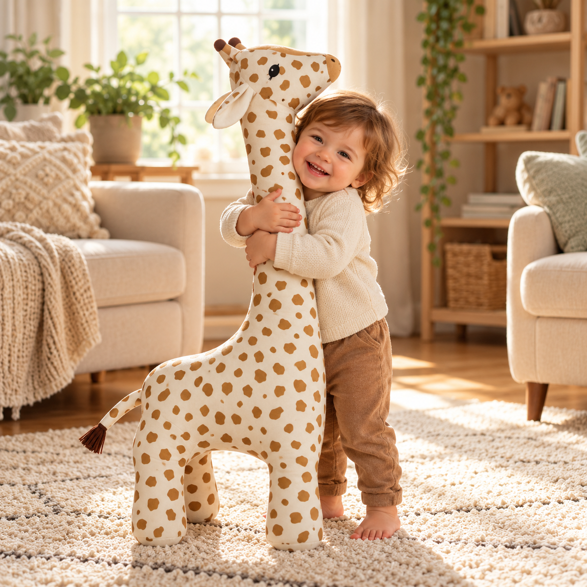 Toddler hugging a giant Cream giraffe soft toy with Brown spots in a bright living room, showing the tall plush body and friendly giraffe face.