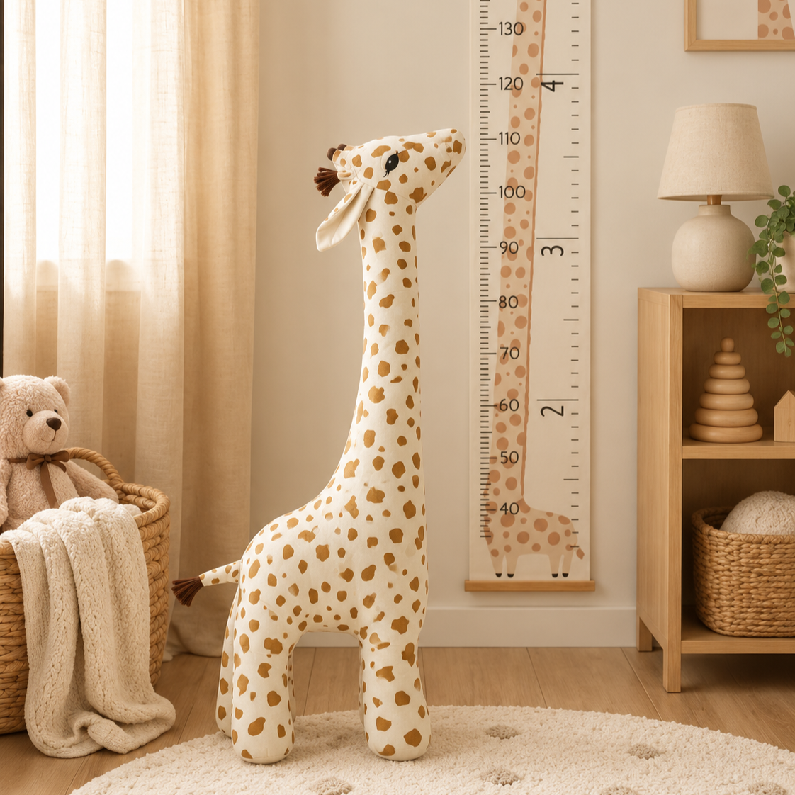 Giant Cream and Brown spotted giraffe plush soft toy standing in a nursery beside a height ruler, showing its long neck, fabric bow and tassel tail.