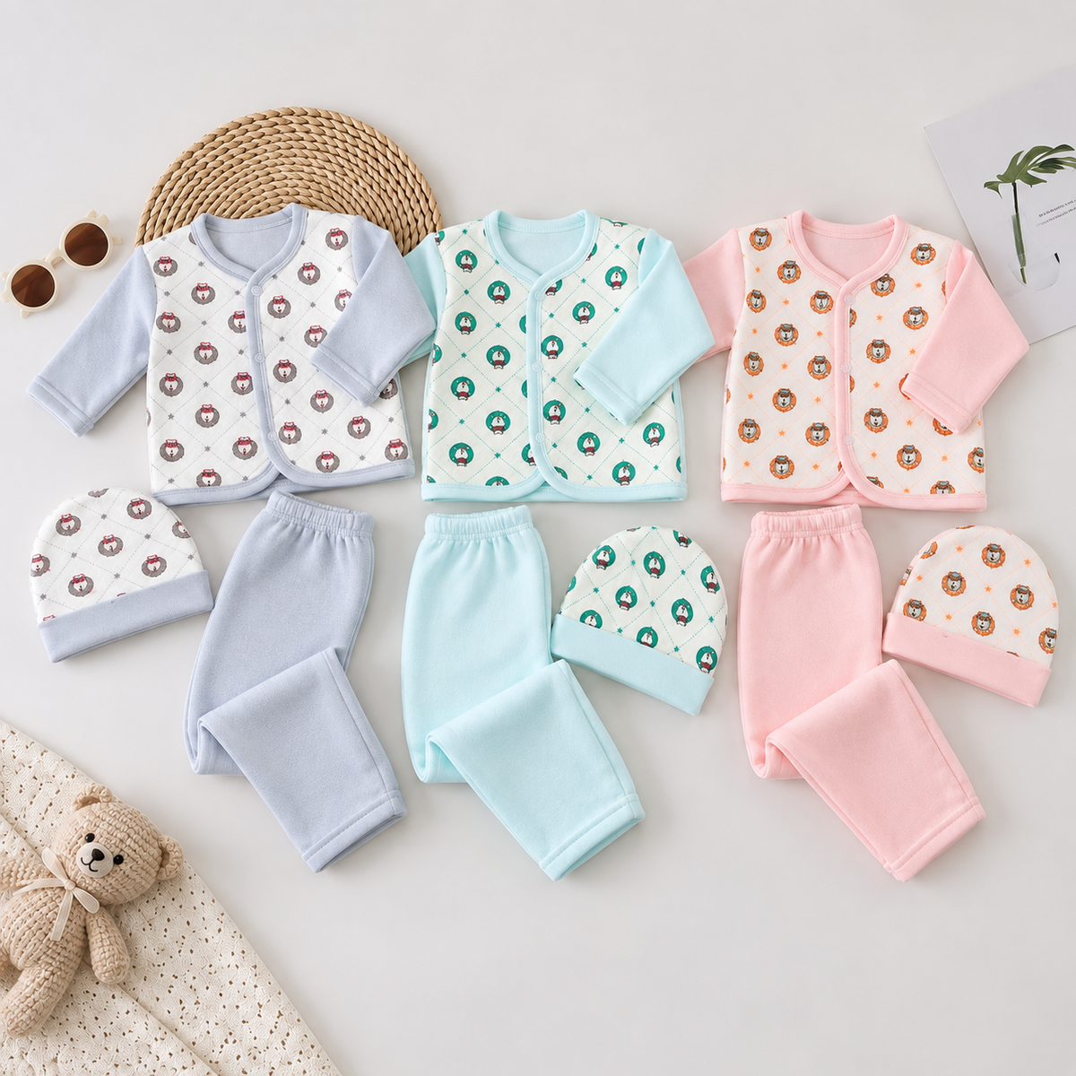 Three baby fleece cap, wrap-front shirt and trouser sets in Light Grey bear print, Mint animal print and Pink bear print, arranged flat lay.
