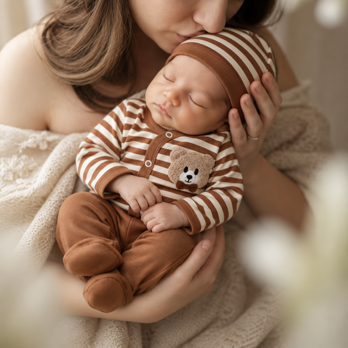 Sleeping baby wearing the Brown striped teddy applique wrap shirt, matching striped cap and Brown footed trousers in a parent’s arms.