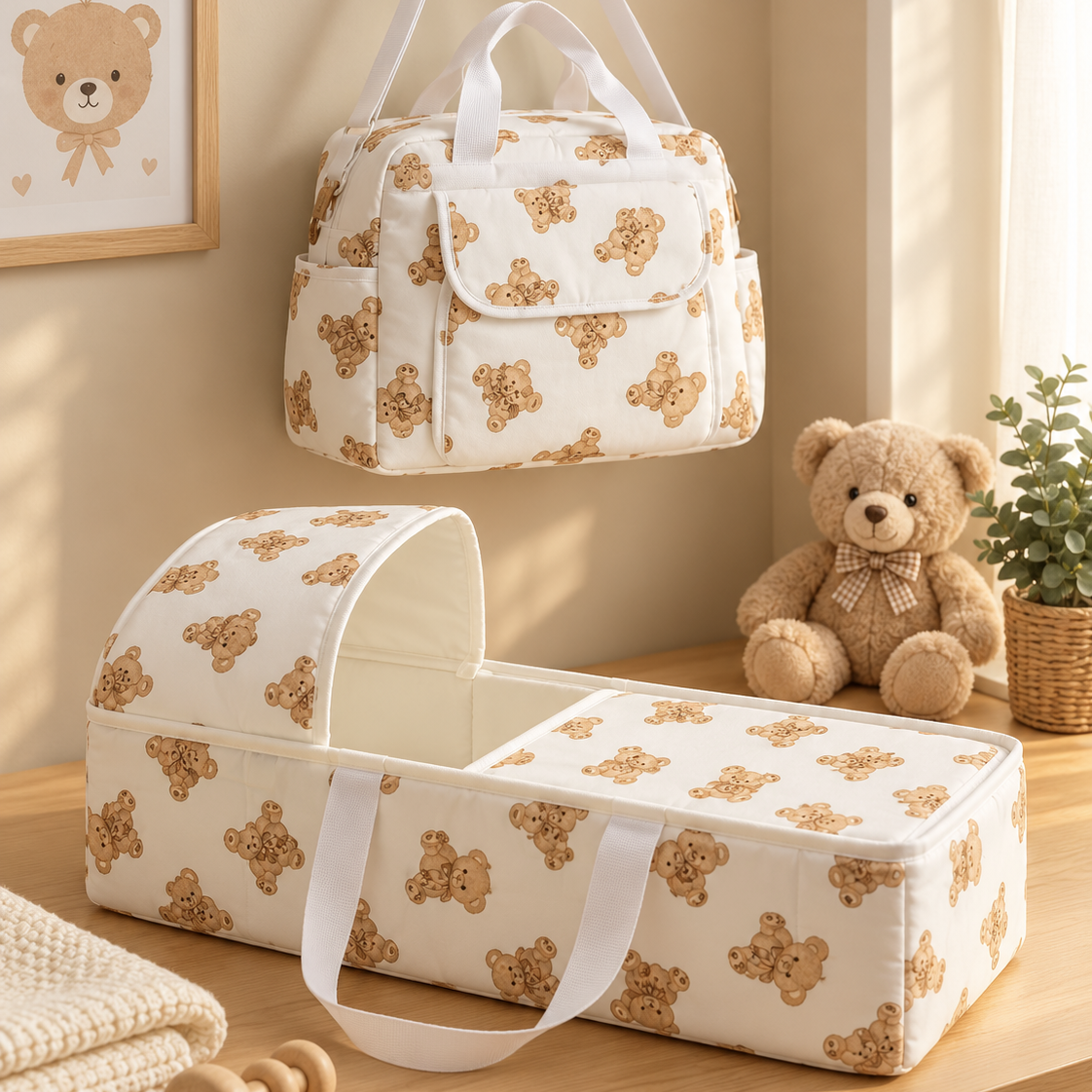 White baby nest with raised canopy and matching structured carry bag in an all-over light Brown teddy bear character print, shown with double handles and a front flap pocket.