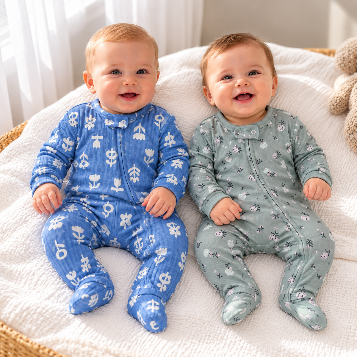 Two babies seated together in Blue flower-print and Mint Green floral-print full-length footed zip rompers with neckline snap tabs.