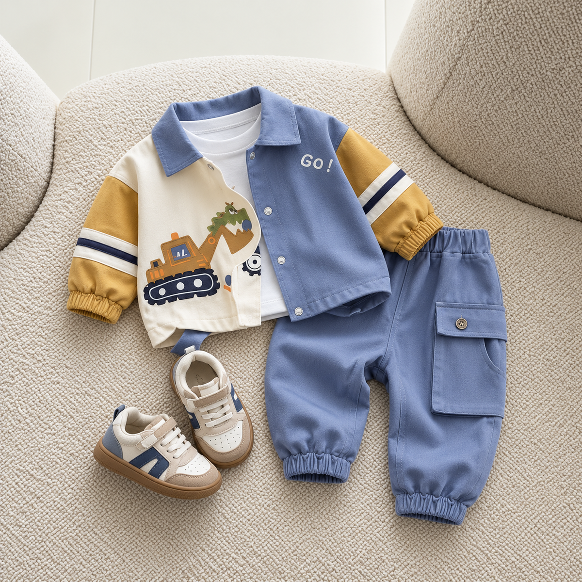 Blue boys excavator colourblock jacket, White shirt and cargo jogger trouser 3pc set displayed flat on a cream boucle chair, featuring Mustard sleeves and dinosaur construction graphic.
