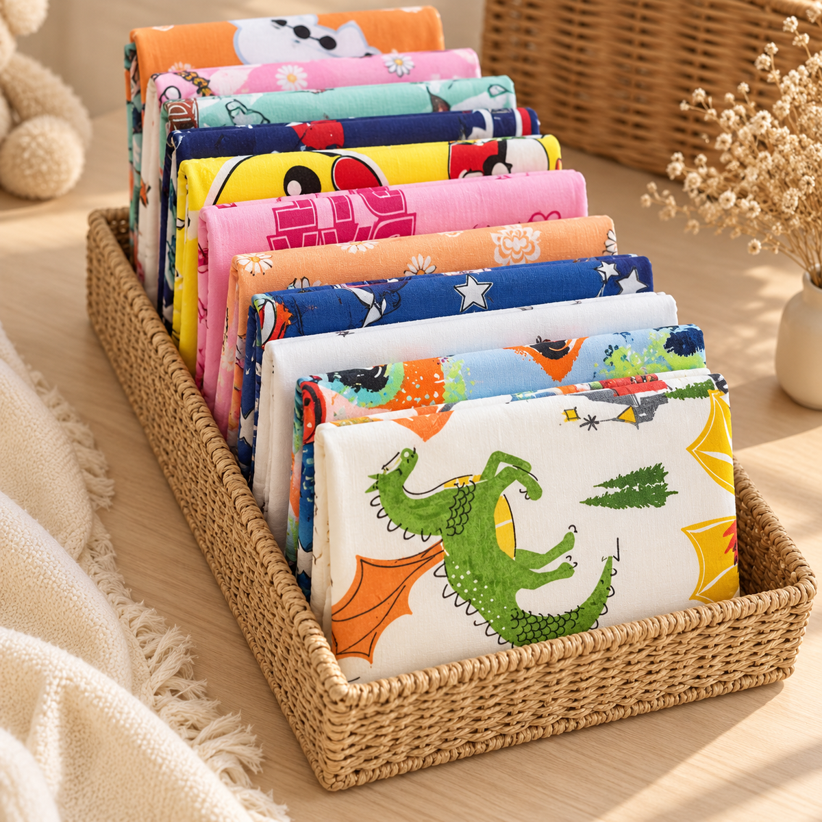 Assorted folded baby changing mats arranged upright in a woven tray, displaying colourful dinosaur, star, floral, animal and cartoon print designs.