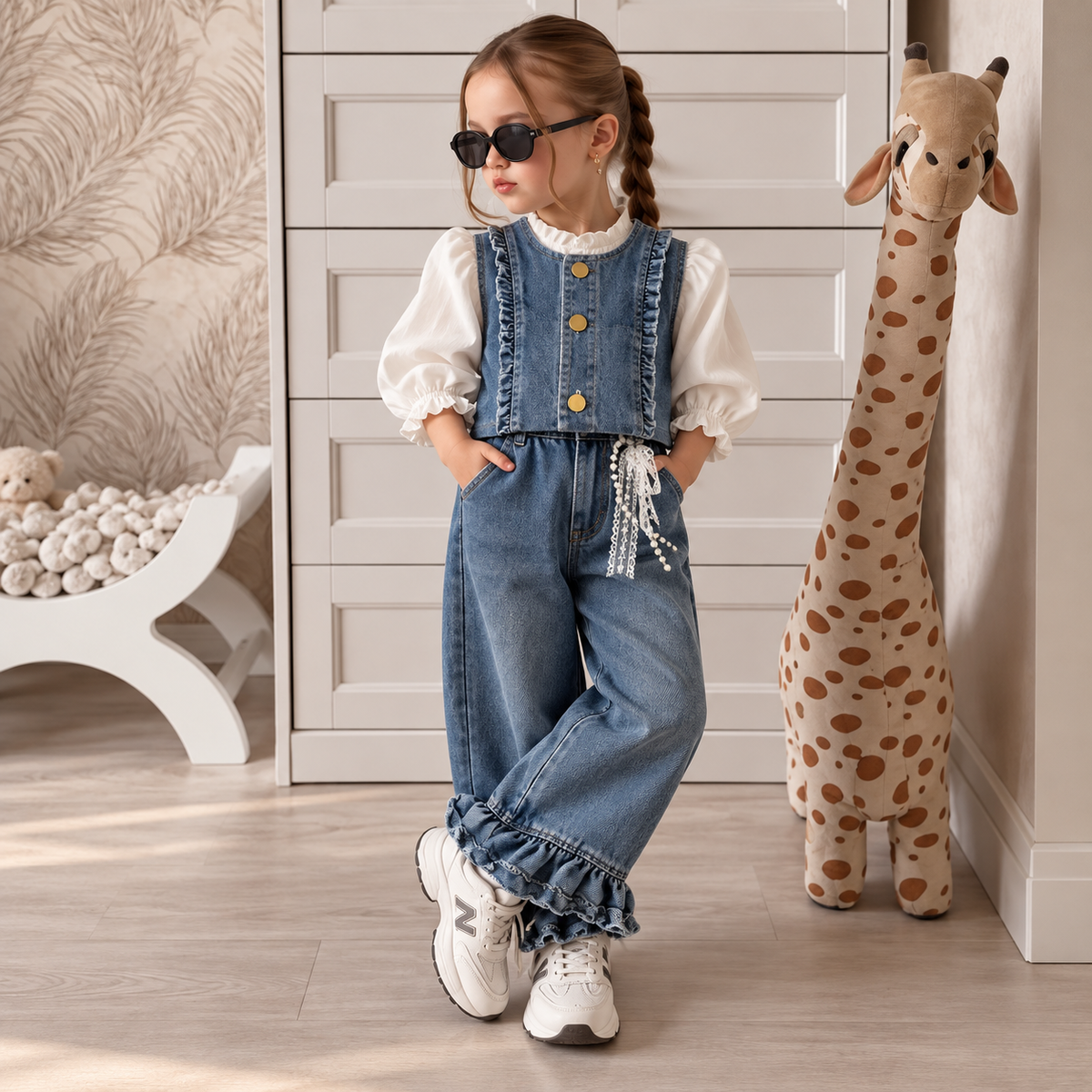 Little girl modelling a Blue denim-look waistcoat, White puff-sleeve ruffle blouse and matching ruffle-hem wide-leg pants, with pearl-look waist detail.