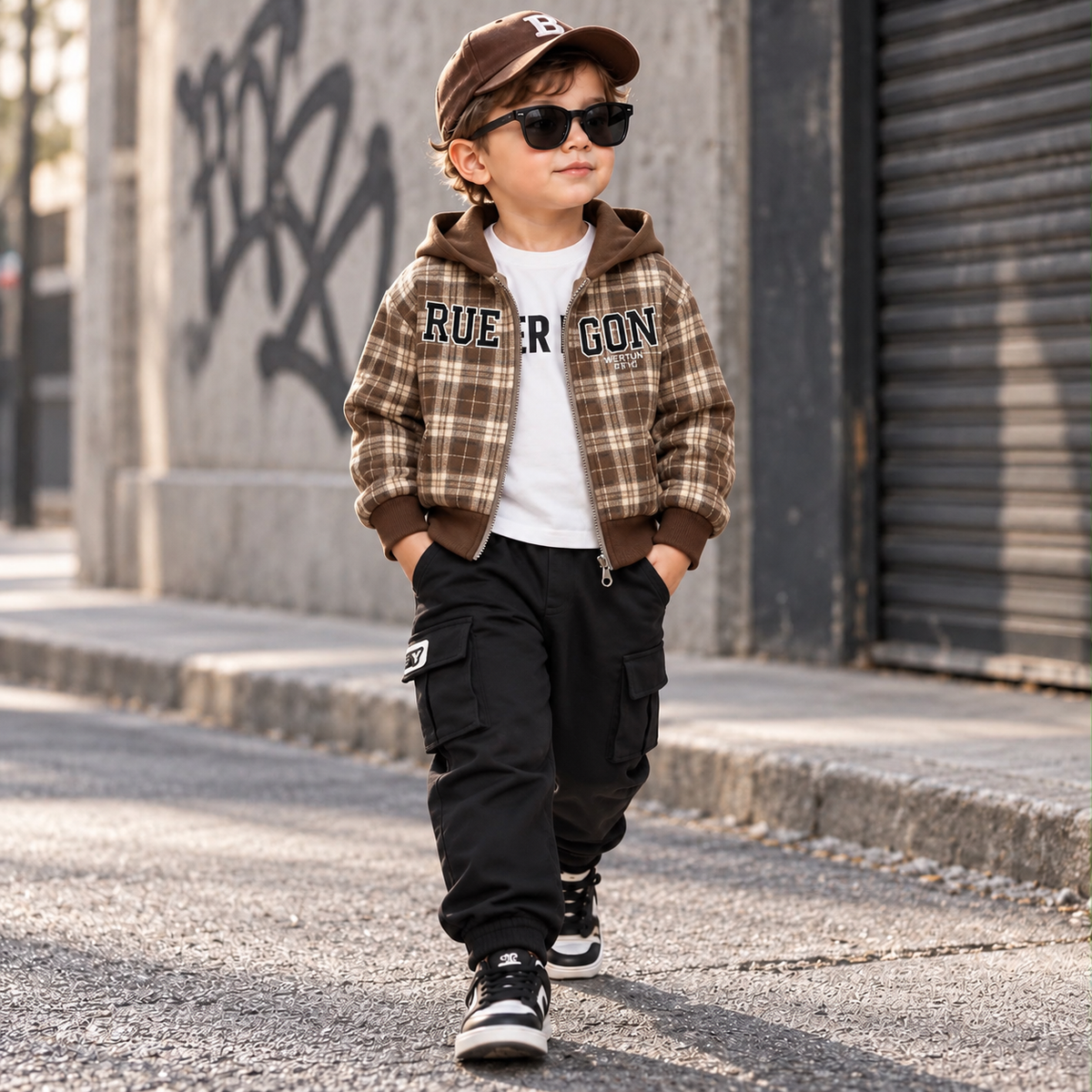 Boy modelling the Brown checked hooded zip jacket, White graphic shirt and Black cargo trouser 3-piece set on a city street.