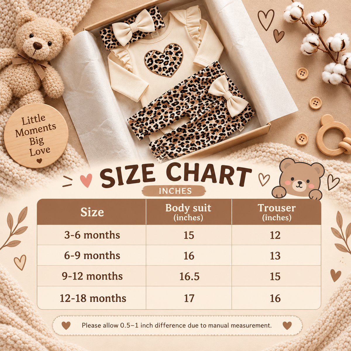 Baby Leopard Heart Bodysuit, Trouser & Headband 3PC Set