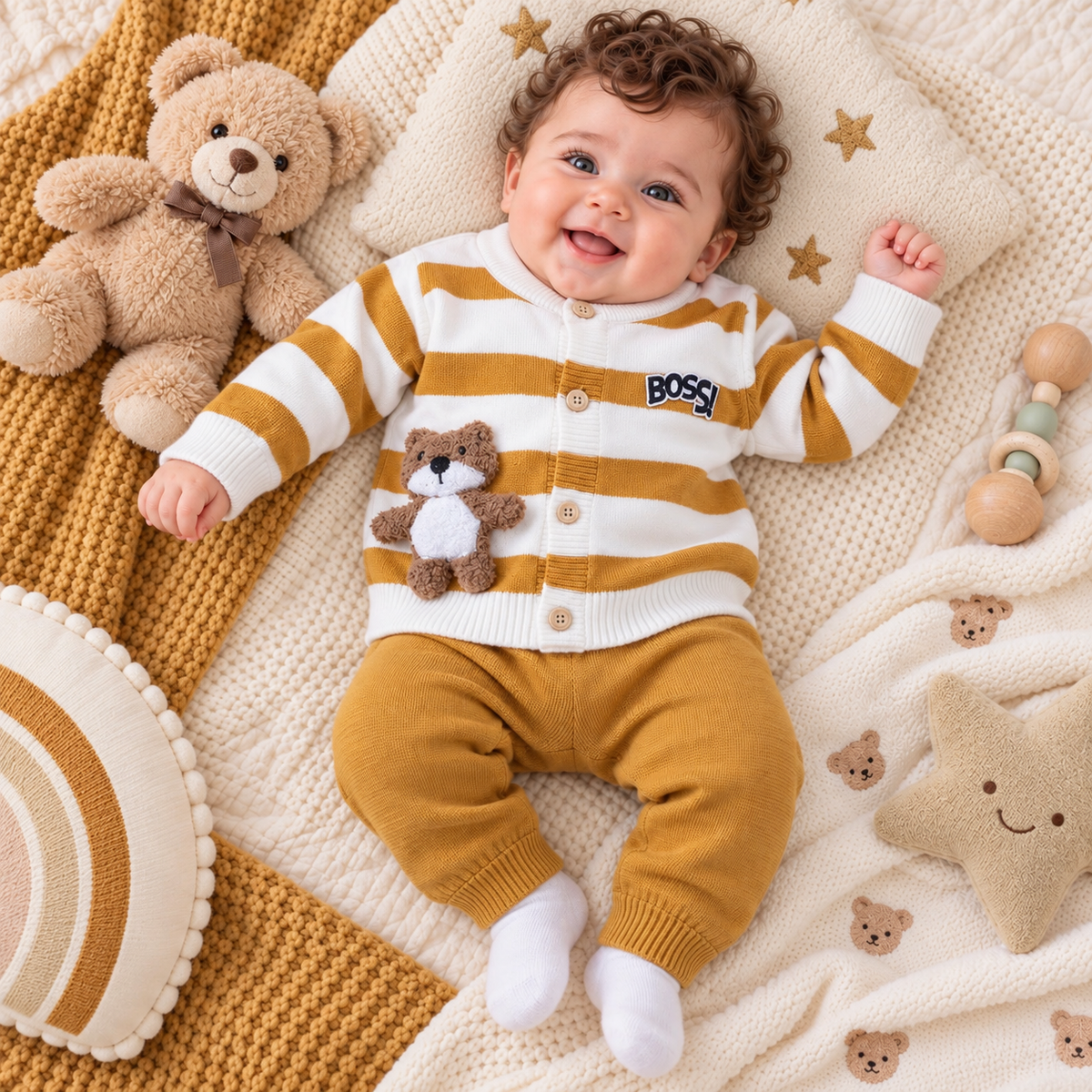 Baby Bear Applique Stripe Knit Shirt & Trouser Set