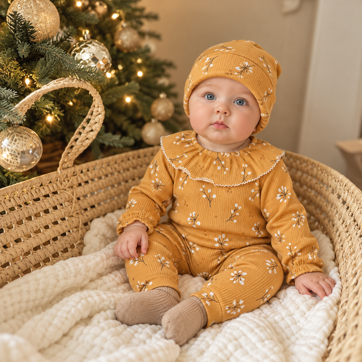 Baby Mustard Floral Ribbed Bodysuit, Trouser & Cap 3PC Set