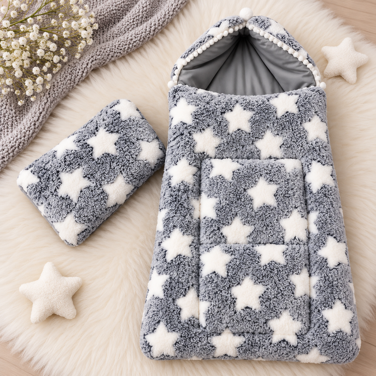 Baby Pink Star Shaggy Carry Nest & Pillow
