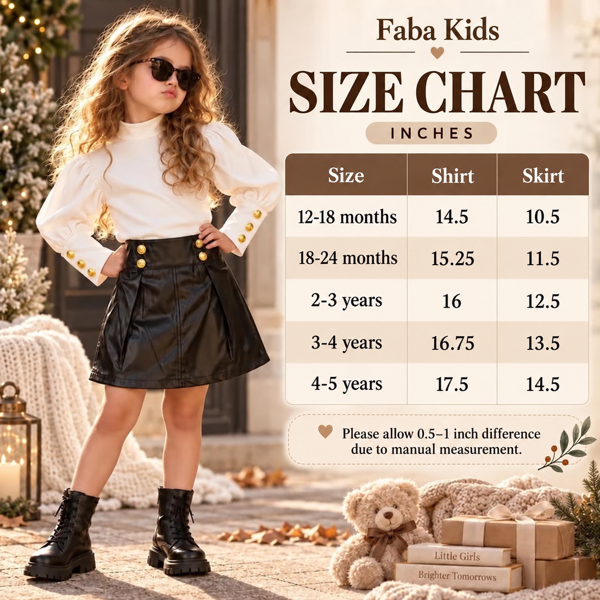 Girls Puff-Sleeve Shirt & Leather-Look Skirt 2PC Set