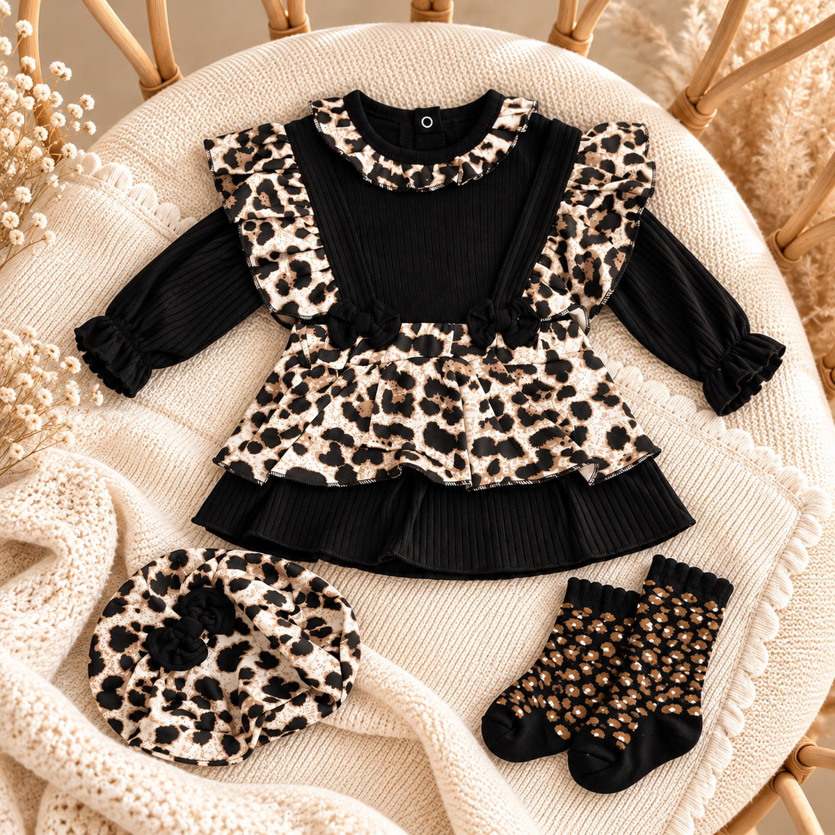 Baby Leopard Ruffle Bodysuit & Skirt 4PC Set