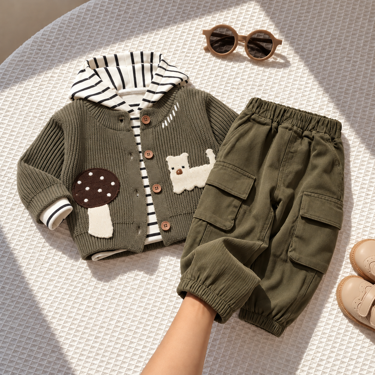 Boys Bear Patch Knit Cardigan, Hooded Shirt & Cargo Trouser 3PC Suit