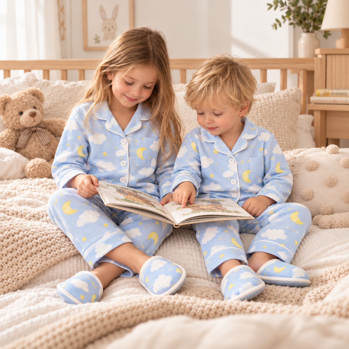 Kids Stripe & Moon Print Night Suit with Slippers 3PC Set