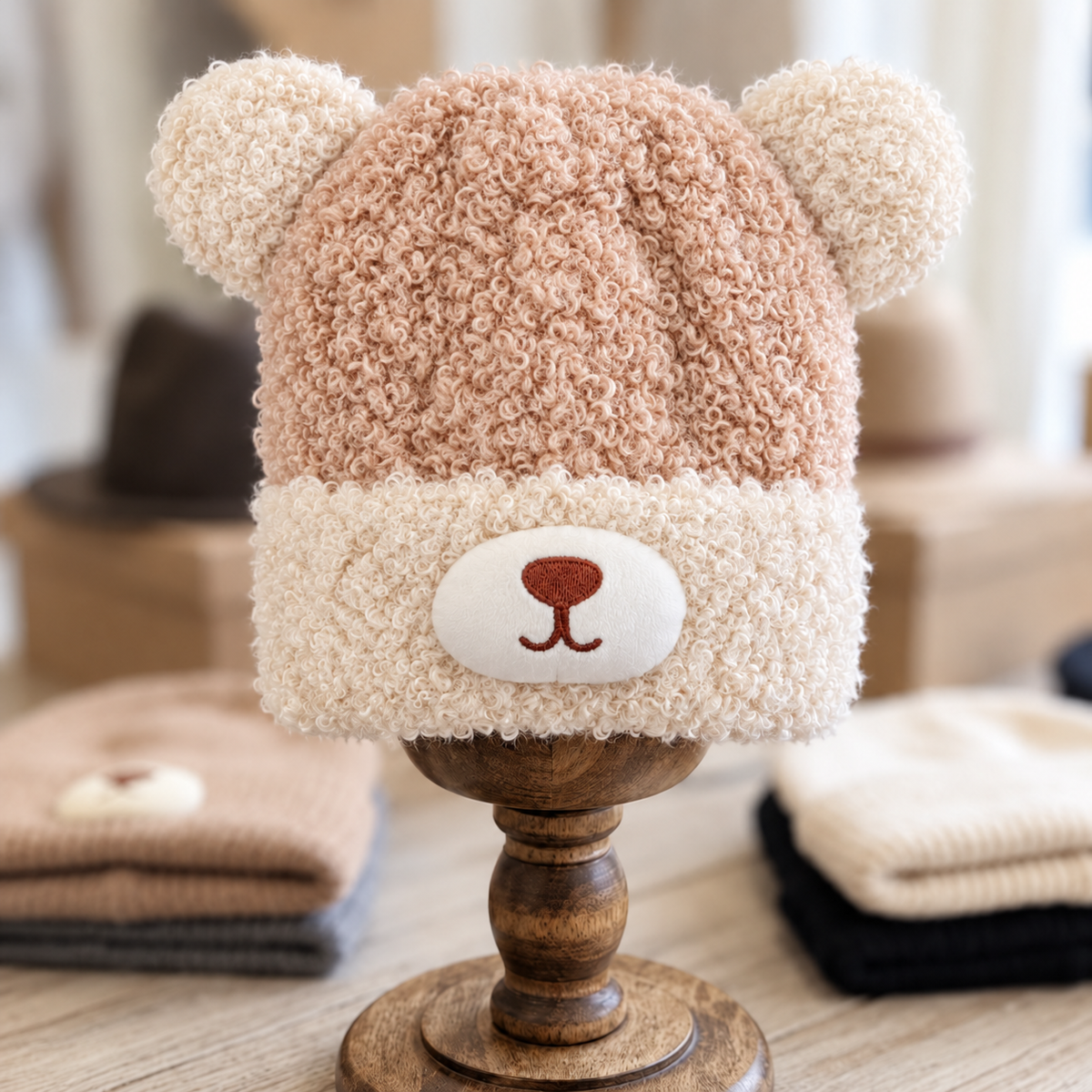 Kids Curly Bear Face Winter Cap