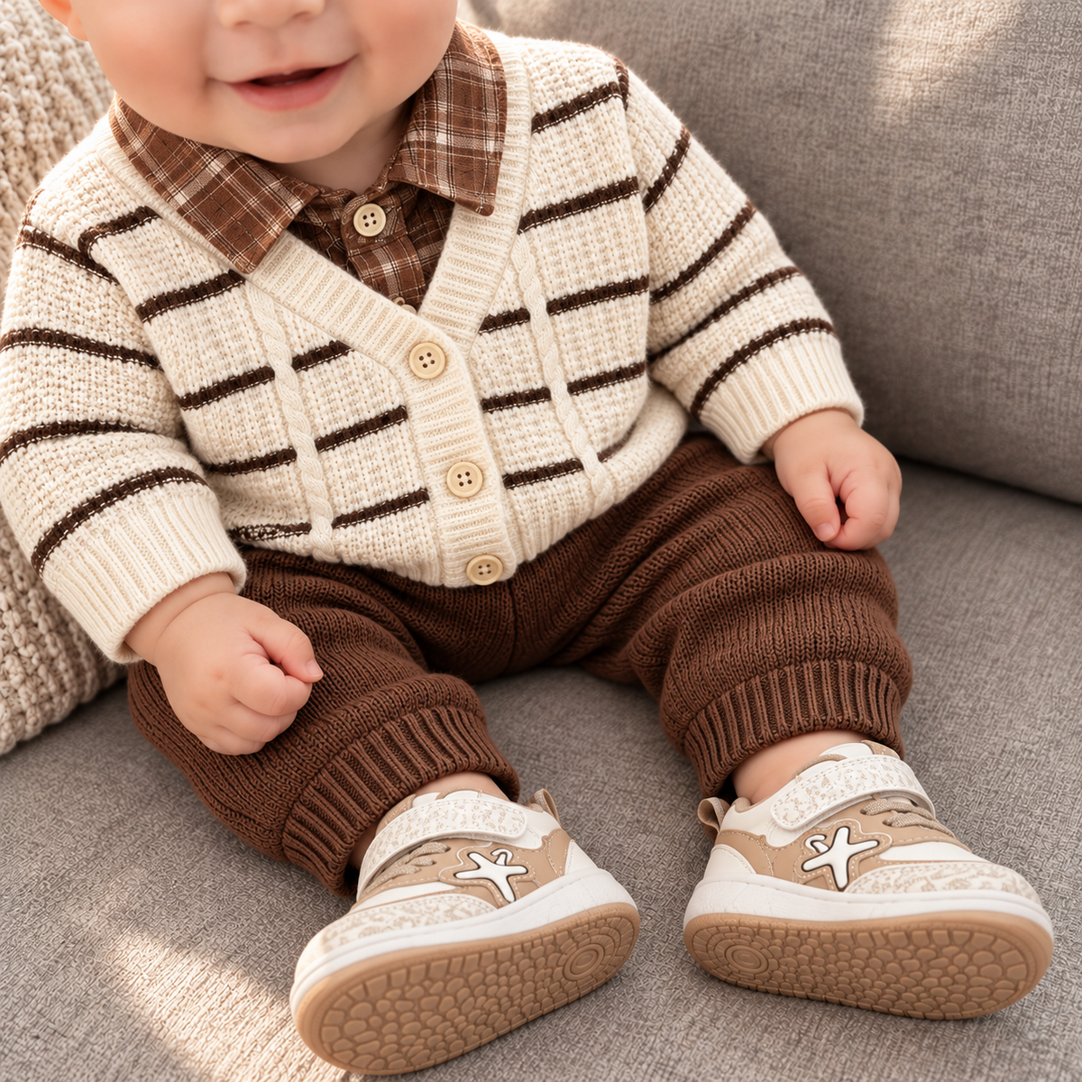 Baby wearing the Brown check-collar striped knit-look sweater and matching cuffed trouser set while seated on a grey sofa, styled with beige sneakers.