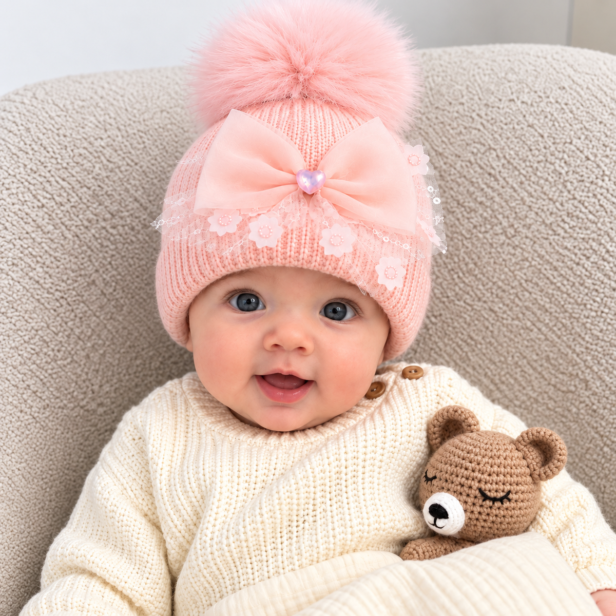 Baby wearing a Light Pink ribbed winter cap with a fluffy pom pom, oversized heart-centre bow and floral lace trim while holding a teddy bear.