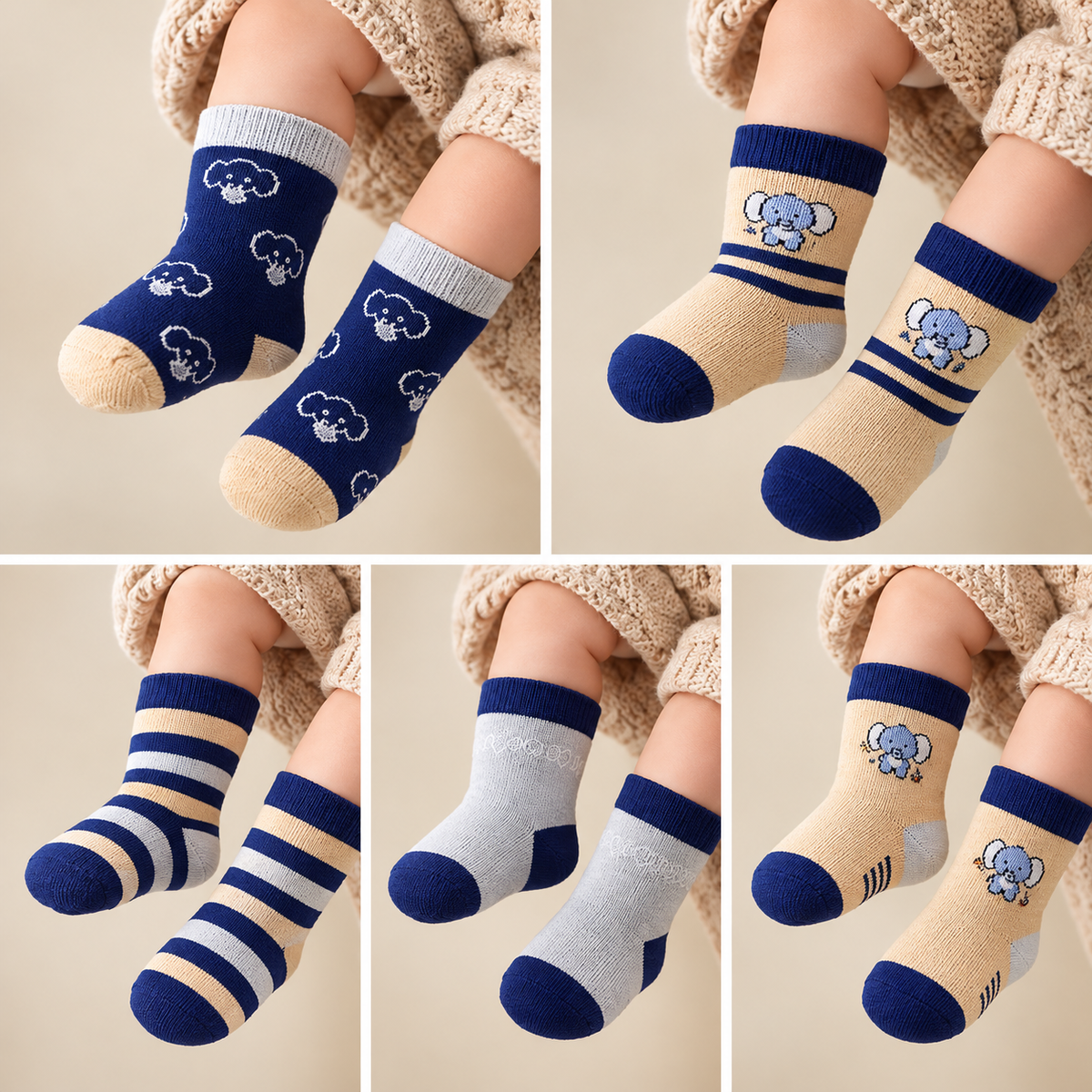 Five-style baby sock collection shown on a child’s feet, featuring Navy Blue, Beige and Grey socks with elephant motifs, stripes and contrast cuffs.