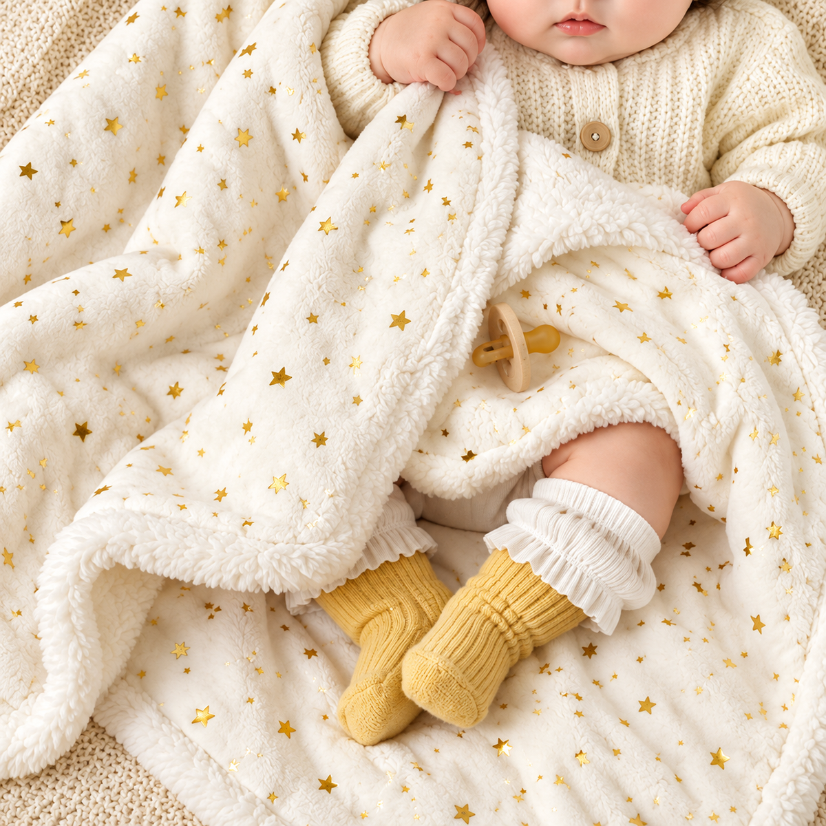 Baby wrapped in the White Gold star blanket, showing the fluffy White trim and soft star-print outer layer.