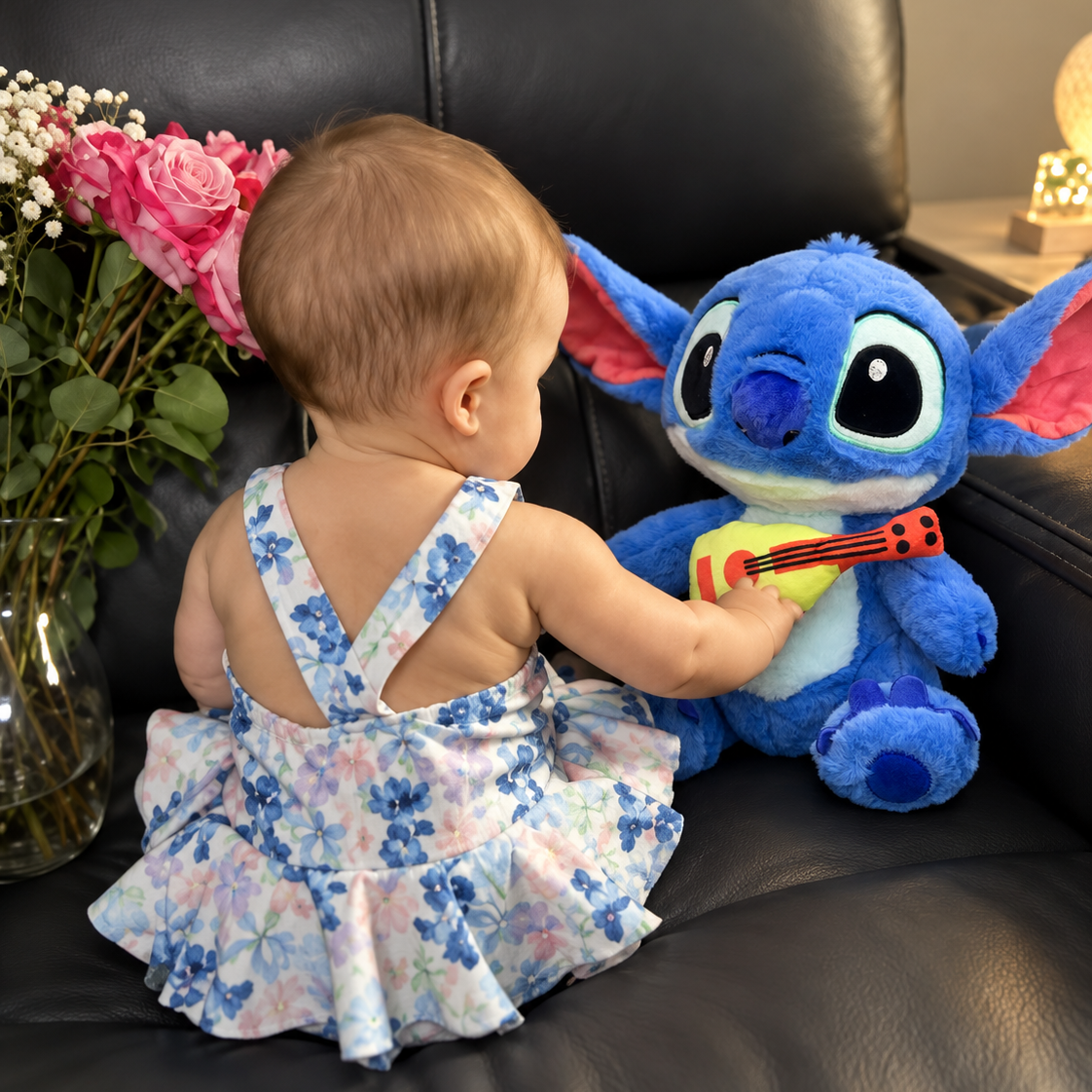 Baby sitting beside a Blue Stitch guitar soft toy on a Black chair, showing the plush character’s oversized ears, bright eyes and Yellow guitar applique.