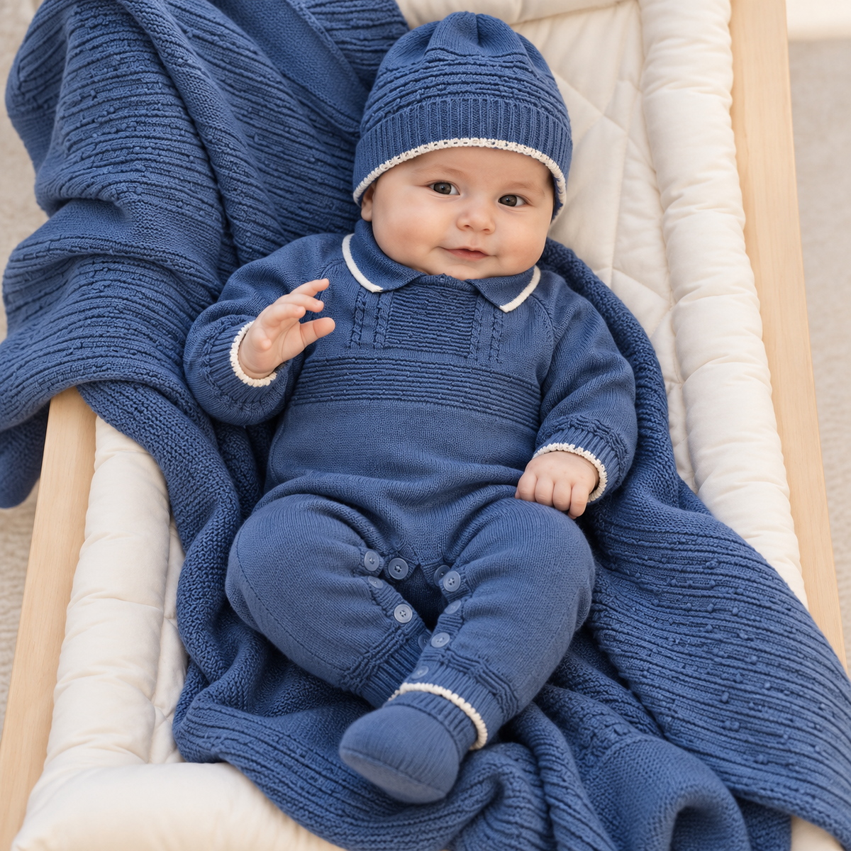 Baby wearing the Blue knit collared footed romper, cap and booties while lying on the matching textured Blue blanket in a cot.