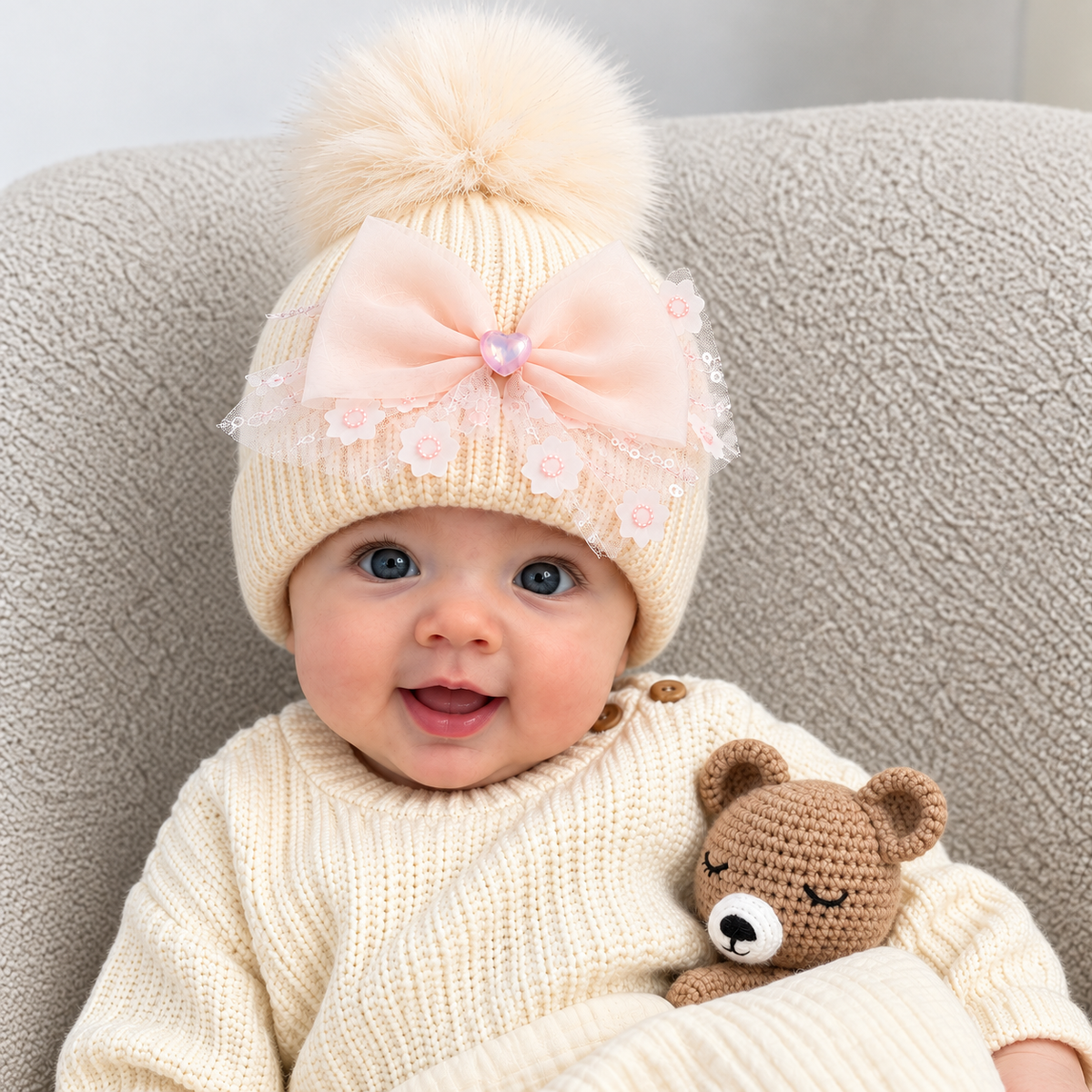 Baby portrait wearing the White ribbed pom pom cap, featuring a large Pink bow with heart detail and sheer floral lace across the fold-over cuff.