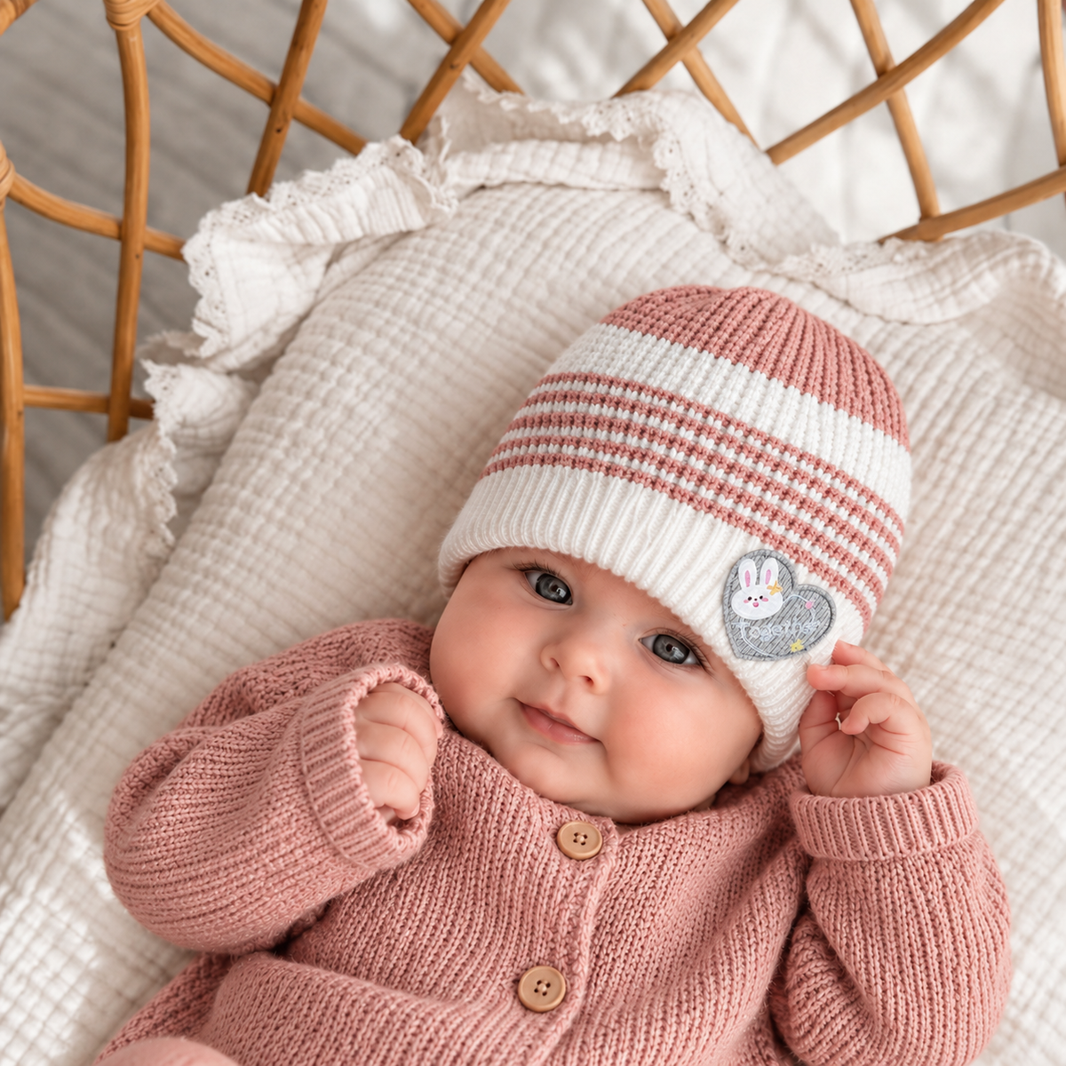 Baby model wearing the Pink and Cream striped knit-look winter cap with a bunny heart applique and wide ribbed cuff.
