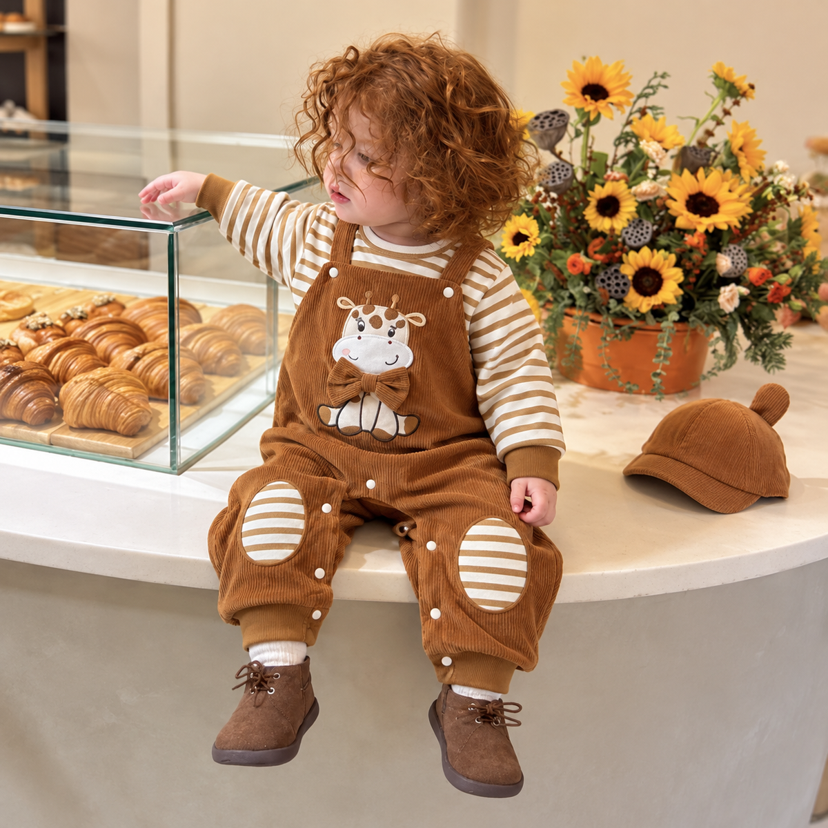 Toddler wearing the Brown giraffe bow dungaree-style romper with striped sleeves and matching ear-detail cap beside a bakery display and sunflowers.