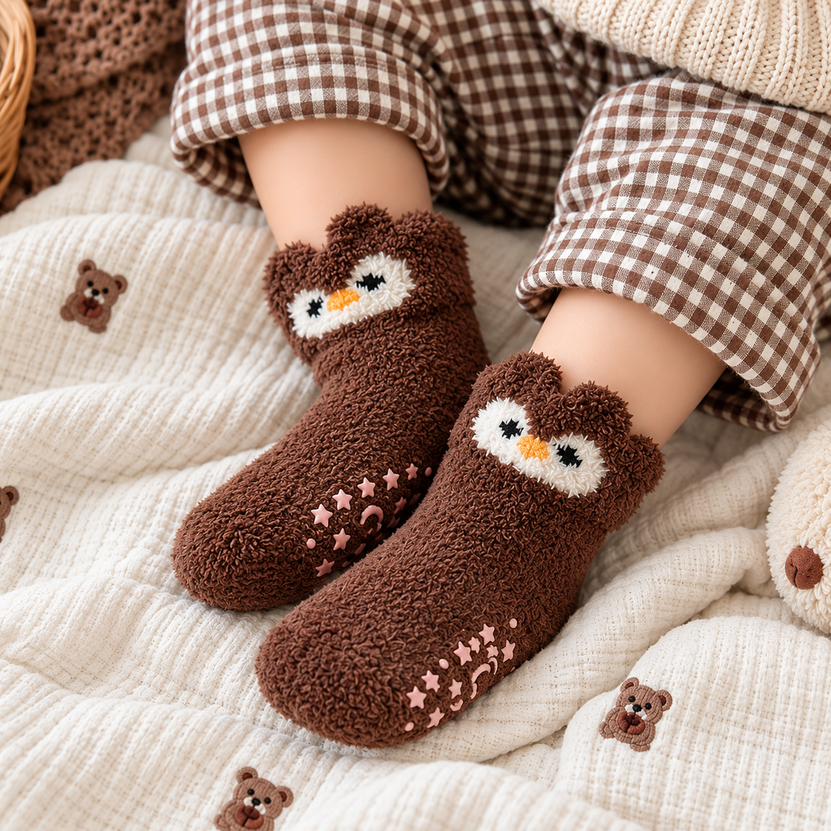 Dark Brown penguin-face soft wool socks worn by a child with Brown gingham trousers, showing the fluffy texture and Pink anti-slip sole pattern.
