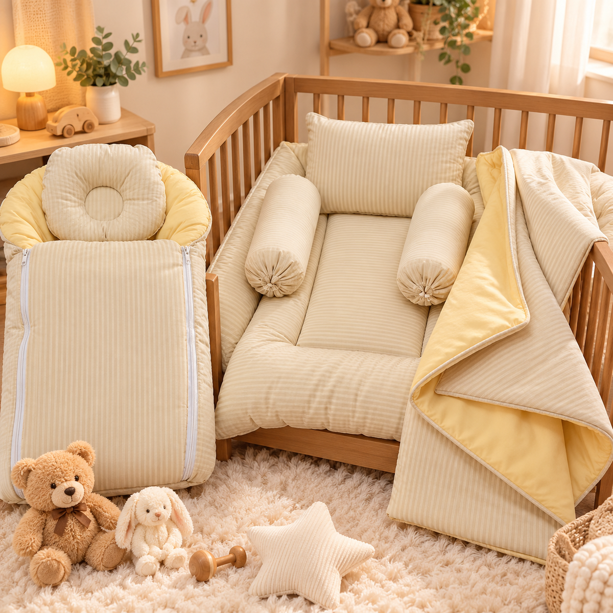 Cream ribbed velvet baby bedding set in a wooden crib, shown with Cream bolsters and pillow, Yellow-reverse quilt, round cushion and padded carry nest.
